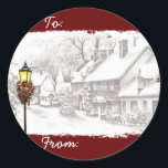 Vintage Christmas Town Cadeau Label Stickers<br><div class="desc">Deze vakantie cadeau label stickers shows een ouderwetse stad met Kerstmis in zwart-wit met als enige kleur die van de straatlamp en decoraties.</div>