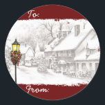 Vintage Christmas Town Cadeau Label Stickers<br><div class="desc">Deze vakantie cadeau label stickers shows een ouderwetse stad met Kerstmis in zwart-wit met als enige kleur die van de straatlamp en decoraties.</div>