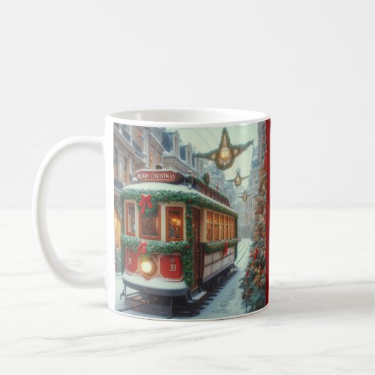Vintage Christmas Tram in Snowy Town Koffiemok (Links)