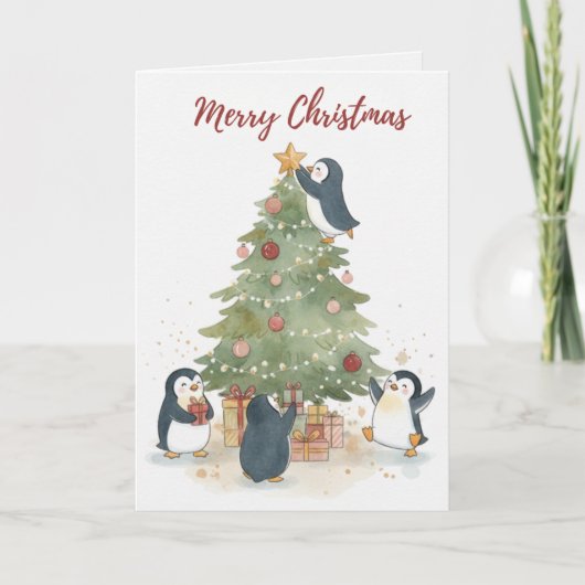 Vintage Christmas Tree Penguins Card Kaart (Voorkant)