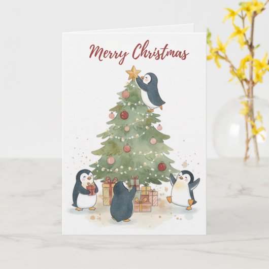Vintage Christmas Tree Penguins Card Kaart (Gele Bloem)
