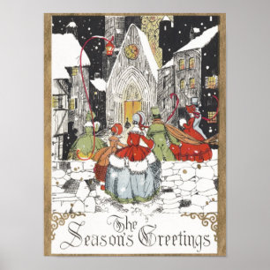 Vintage Christmas Victorian People Going to Church Poster