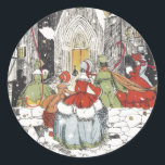 Vintage Christmas Victorian People Going to Church Ronde Sticker<br><div class="desc">Vintage religieuze illustraties Merry Christmas foliday image featuring a crowd of people in town going to a beautiful cathedral on a snowy Christmas Eve. A gentle snow is falling in winter. Text reads: The Season's Greetings.</div>