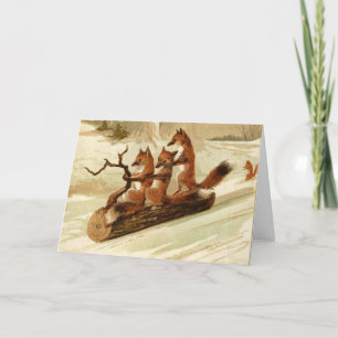 Vintage Christmas - Vossen Sledding op een Log, Feestdagen Kaart