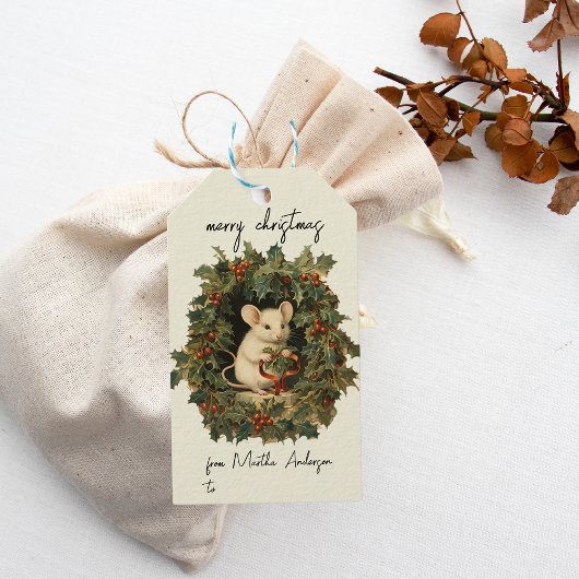 Vintage Christmas Winter Woodland Muisnaam Cadeaulabel