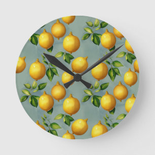 Vintage citroenen en bladeren kunstpatroon op grij ronde klok