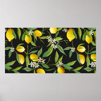 Vintage citroenvruchten en bloemen op donkere onde poster