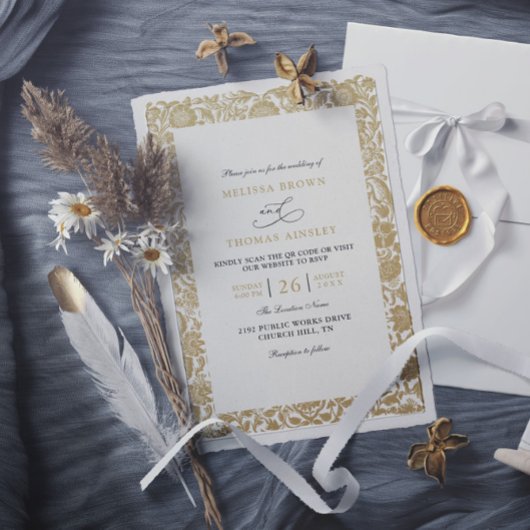 Vintage Classic Gold Budget QR Code Wedding Kaart