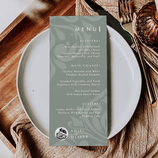 Vintage Classic Rustic Damask Script Photo Wedding Menu