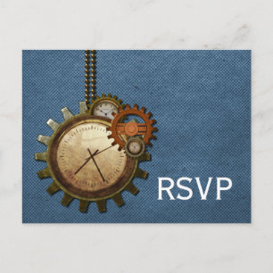 Vintage Clock RSVP Briefkaart, blauw Uitnodiging Briefkaart