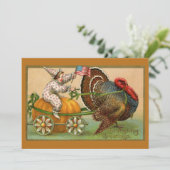 Vintage Clown Boy Riding Thanksgiving Turkije Kaart (Staand voorkant)