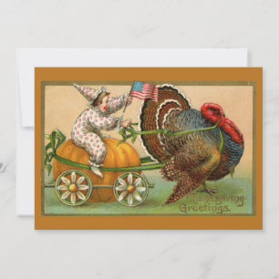 Vintage Clown Boy Riding Thanksgiving Turkije Kaart