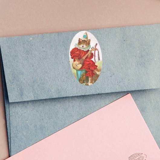 Vintage Clown Jester Musician Cat Mandolin Ovale Sticker