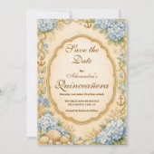 Vintage Coastal Hydrangea Quinceañera Save The Date (Voorkant)