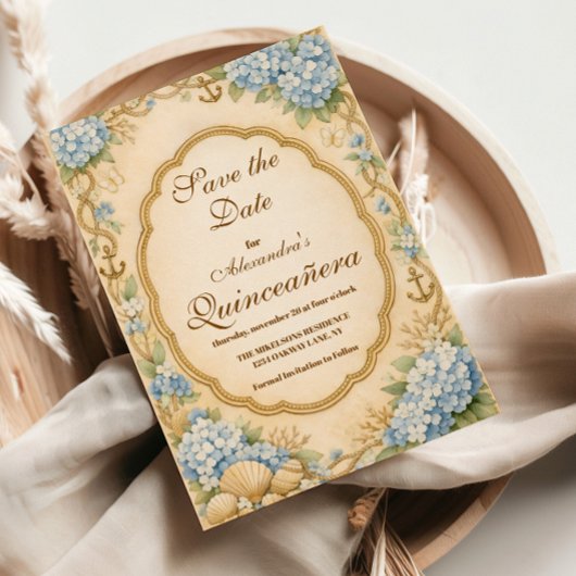 Vintage Coastal Hydrangea Quinceañera Save The Date