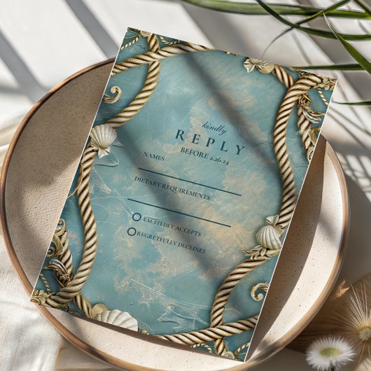 Vintage Coastal Rope Ocean Wedding RSVP Kaartje