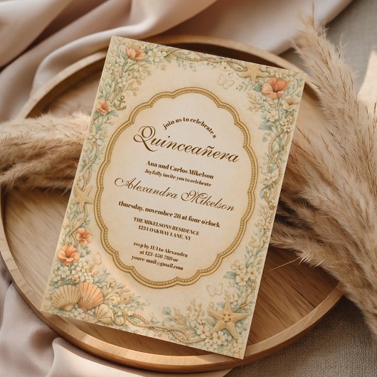 Vintage Coastal Seashell Quinceañera Kaart