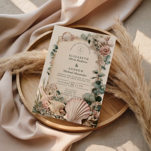 Vintage Coastal Shell Romance Wedding Kaart