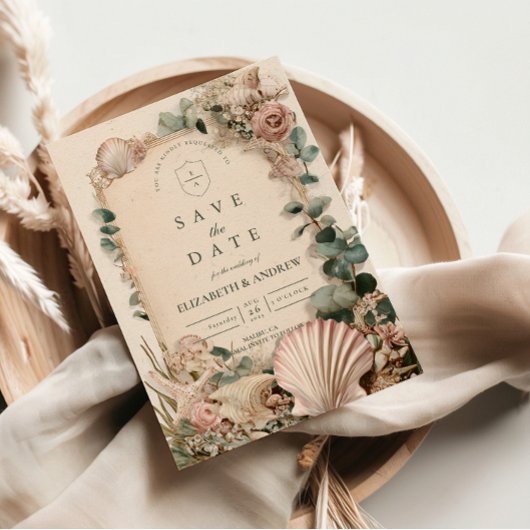 Vintage Coastal Shell Romance Wedding Save The Date
