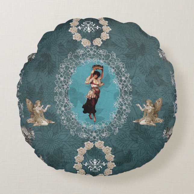 Vintage collage rond kussen (Voorkant)