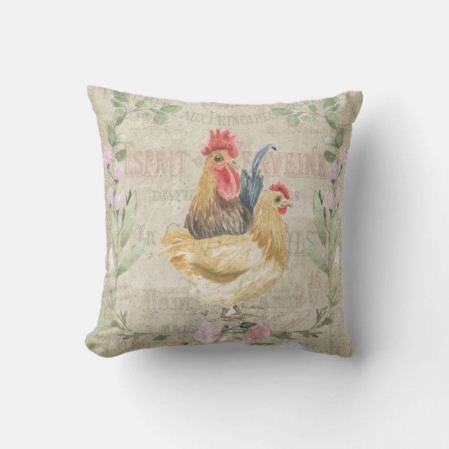 Vintage collage - roosters en bloemen kussen (Voorkant)