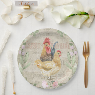 Vintage collage - roosters en bloemen papieren bordje