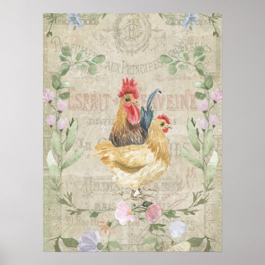 Vintage collage - roosters en bloemen poster (Voorkant)
