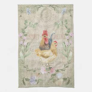 Vintage collage - roosters en bloemen theedoek