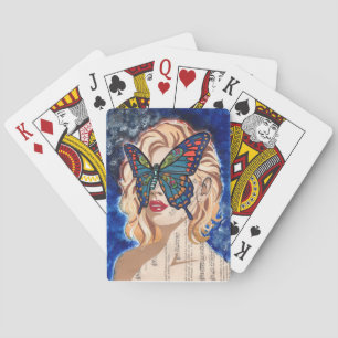 Vintage Collage Vrouwenportret met Blauwe Vlinder Pokerkaarten