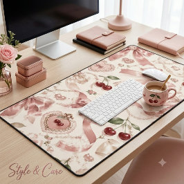Vintage Coquette Roze Strik en Kersen Esthetiek Bureaumat