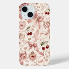 Vintage Coquette Roze Strik en Kersen Esthetiek iPhone 15 Case