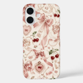 Vintage Coquette Roze Strik en Kersen Esthetiek iPhone 16 Hoesje