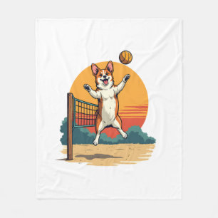 Vintage Corgi Volleybal Retro Zonsondergang Vector Fleece Deken