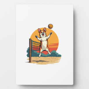 Vintage Corgi Volleybal Retro Zonsondergang Vector Fotoplaat