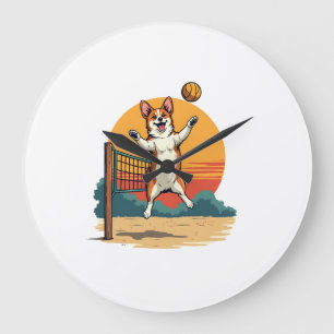 Vintage Corgi Volleybal Retro Zonsondergang Vector Grote Klok