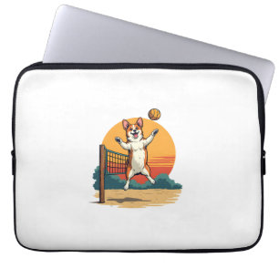 Vintage Corgi Volleybal Retro Zonsondergang Vector Laptop Sleeve