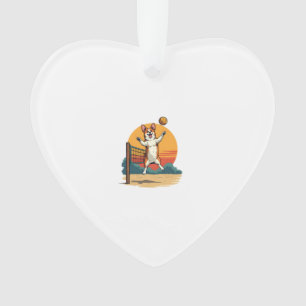 Vintage Corgi Volleybal Retro Zonsondergang Vector Ornament