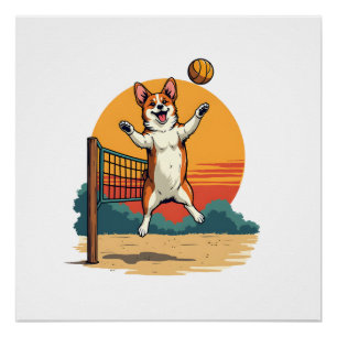 Vintage Corgi Volleybal Retro Zonsondergang Vector Perfect Poster