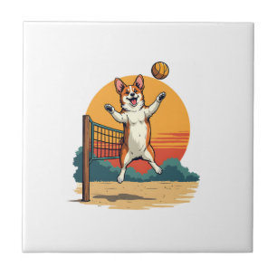 Vintage Corgi Volleybal Retro Zonsondergang Vector Tegeltje