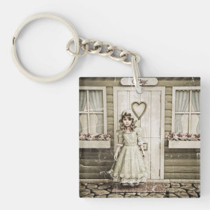 Vintage Cottage Meisje Shabby Chic Kunst Sleutelhanger