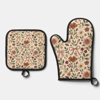 Vintage Cottagecore Bloemenslint Stof | Romantisch Ovenwant & Pannenlap Set