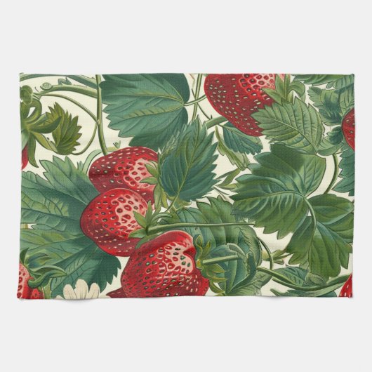 Vintage Cottagecore Botanische Aardbei Theedoek (Horizontaal)