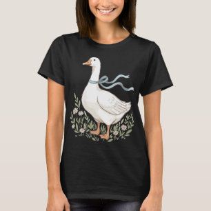 Vintage Cottagecore Gans met Blauwe Lint Esthetiek T-shirt