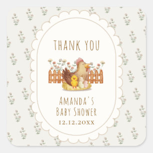 Vintage Cottagecore Kip Bloemige Baby Shower Vierkante Sticker
