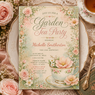 Vintage Cottagecore Pastelkleurig Tuin Thee Feestj Kaart