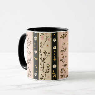 Vintage Cottagecore Roze Goud Zwarte Streep Bloemm Mok