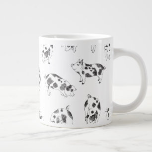Vintage Cottagecore Varken LineArt Minimalistische Grote Koffiekop