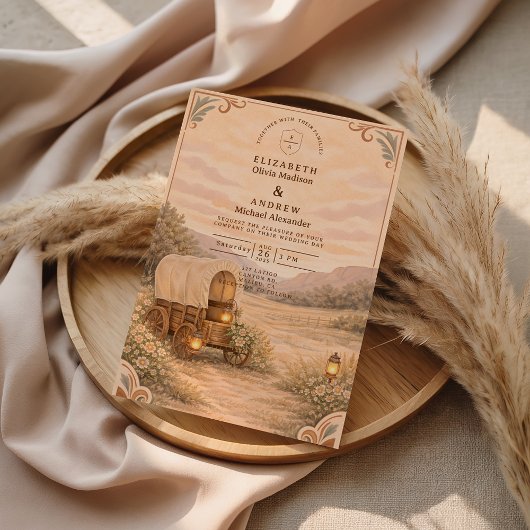Vintage Covered Wagon Meadow Wedding Kaart
