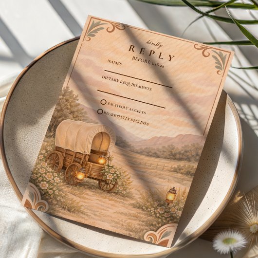 Vintage Covered Wagon Meadow Wedding RSVP Kaartje