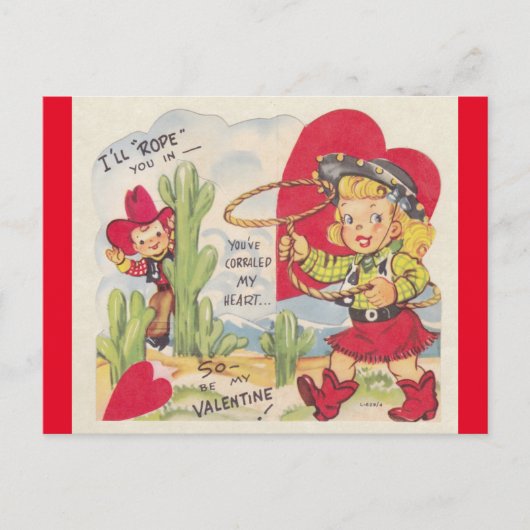 Vintage Cowboy & Cowgirl Briefkaart Valentijn 1950 (Voorkant)